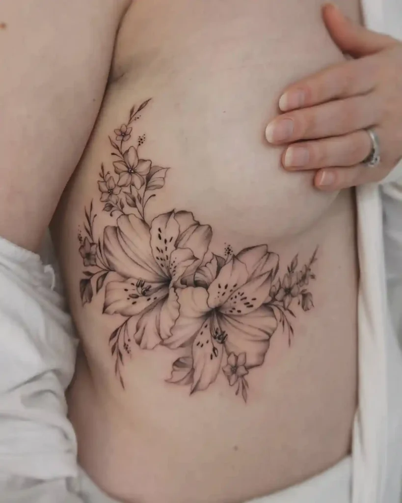 Large Delicate Floral Cluster Ribcage Tattoo