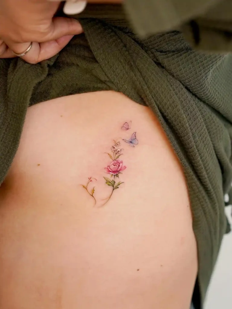 Pink Rose with Butterflies Rib Side Tattoo