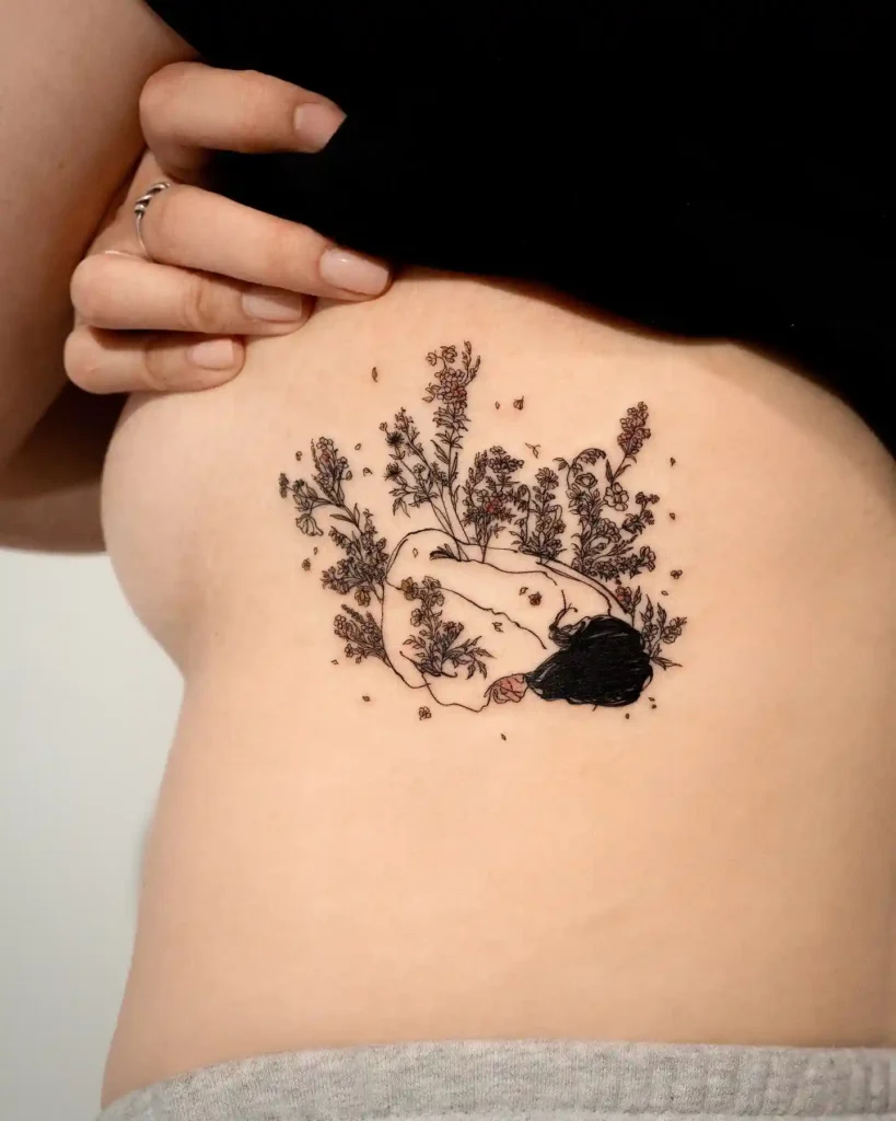 Woman with Flowers Side Rib Tattoo