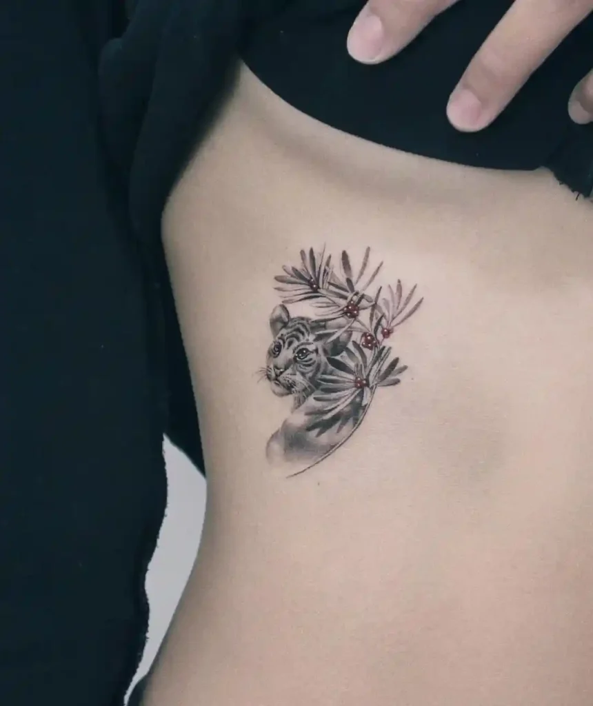 Tiger and Tropical Leaves Tattoo