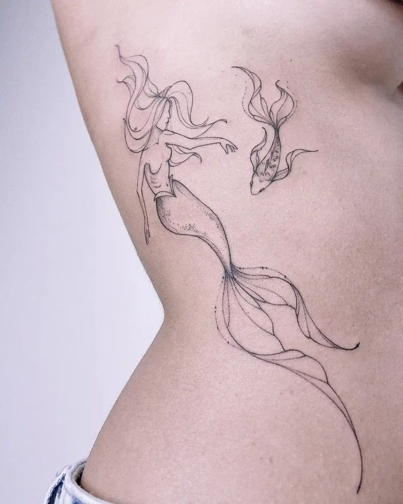 Mermaid Fine Line Ribcage Tattoo