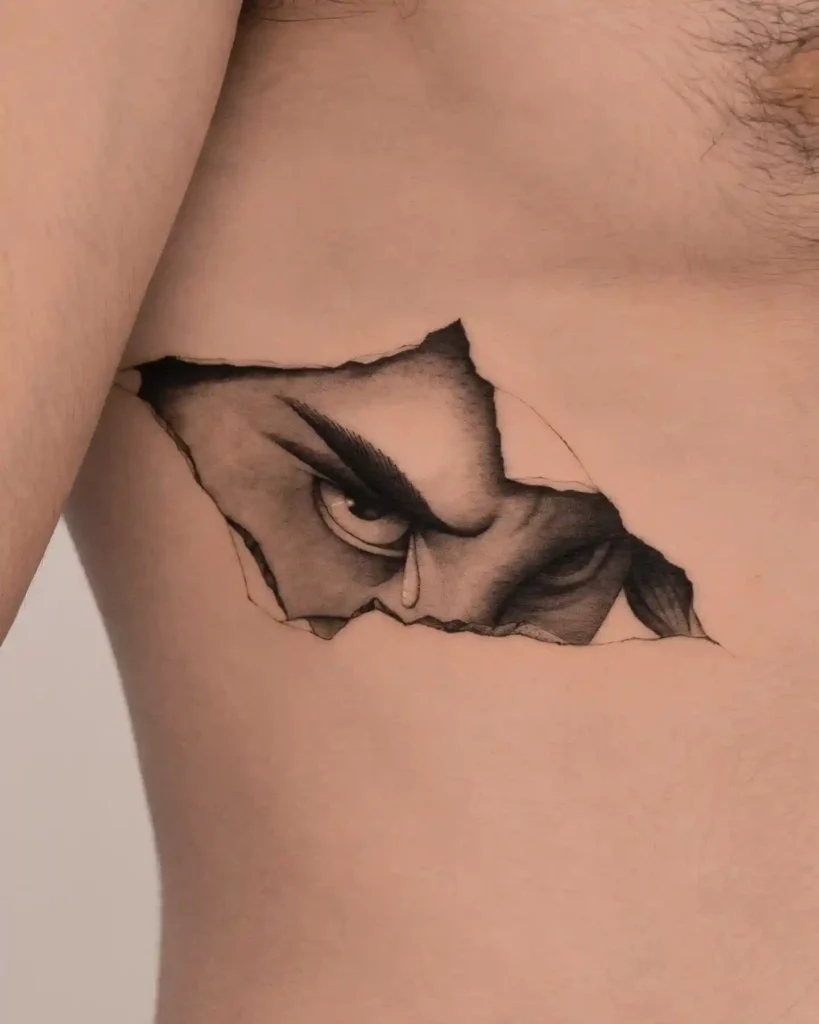 Realistic Fierce Eye Ribcage Tattoo