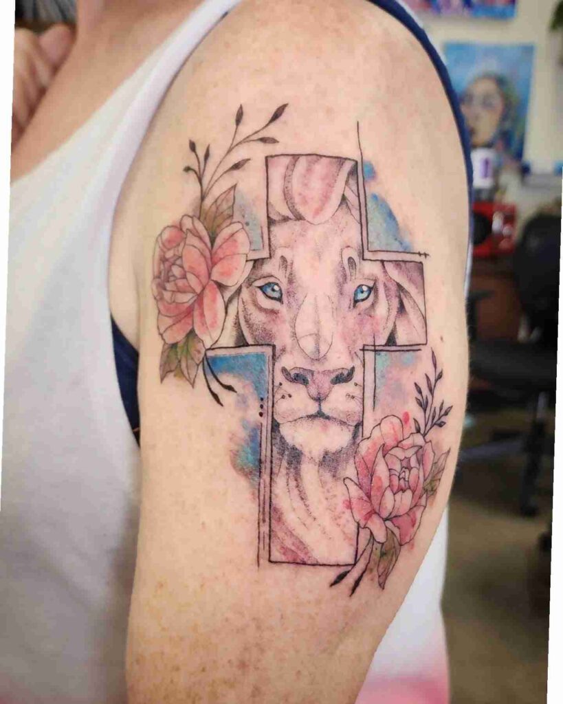 cross-lion-flower-tattoo