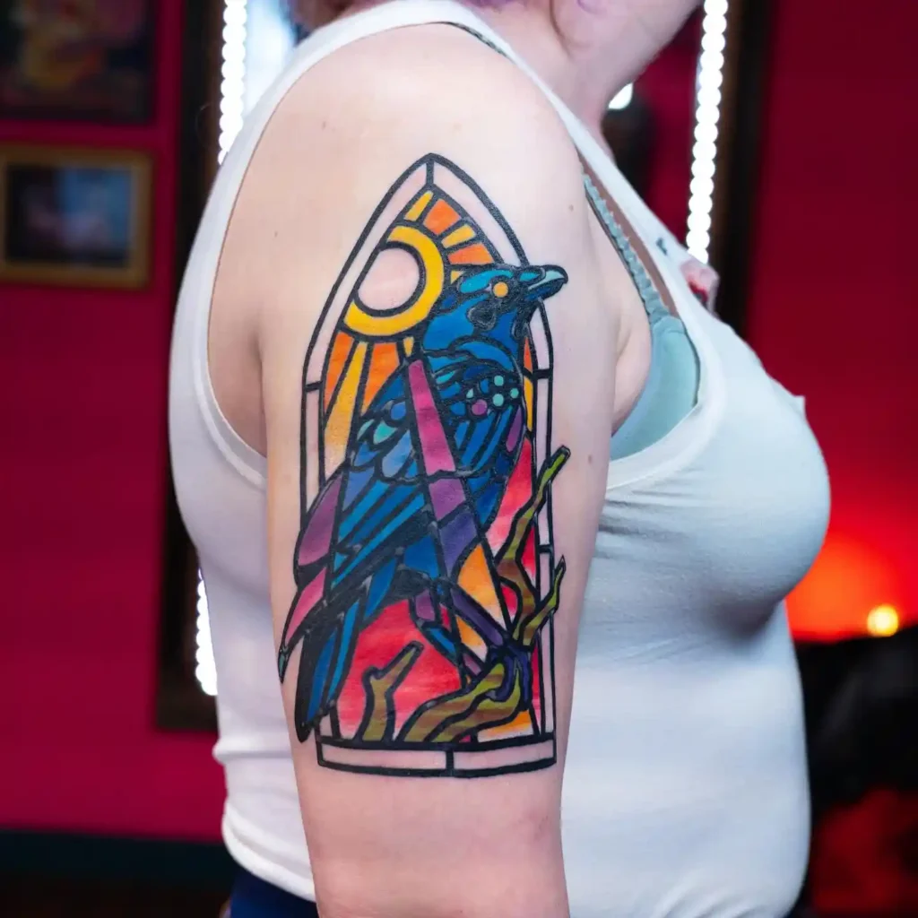 Gothic Raven in Stained Glass Window Tattoo