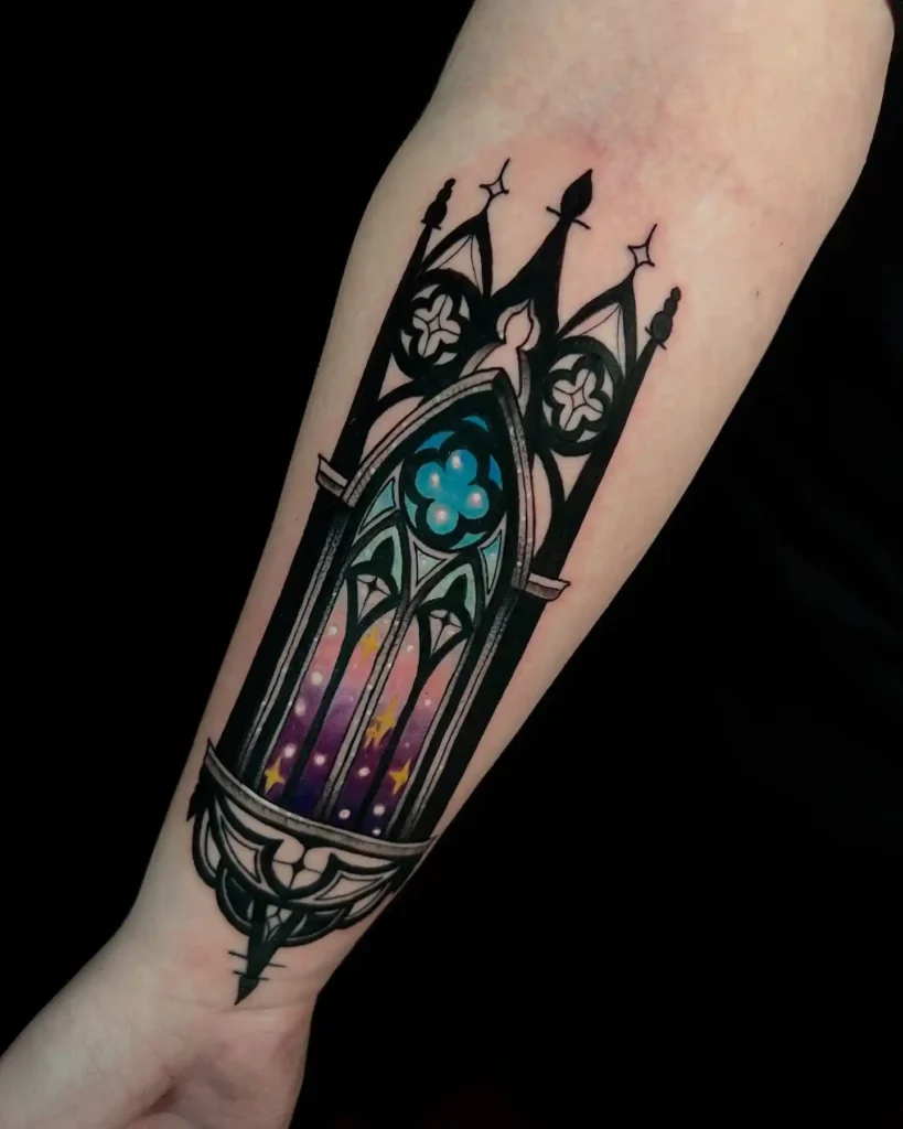 Galaxy-Stained Gothic Window Tattoo