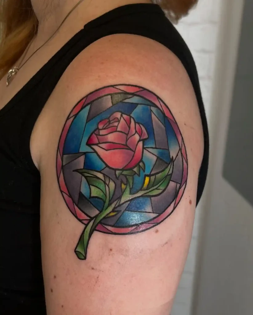 Stained Glass Rose Tattoo on Shoulder