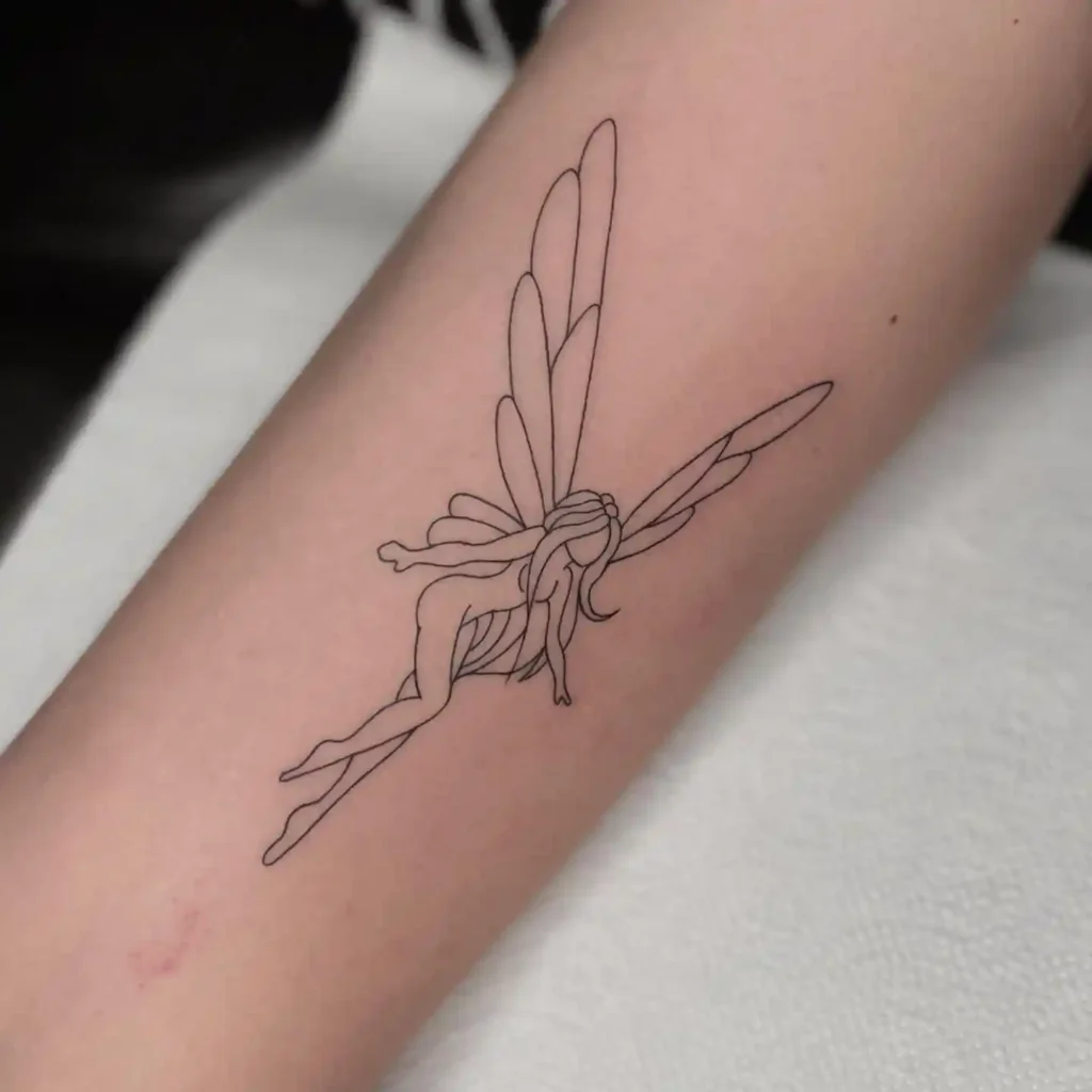 Fine Line Flying Fairy Arm Tattoo