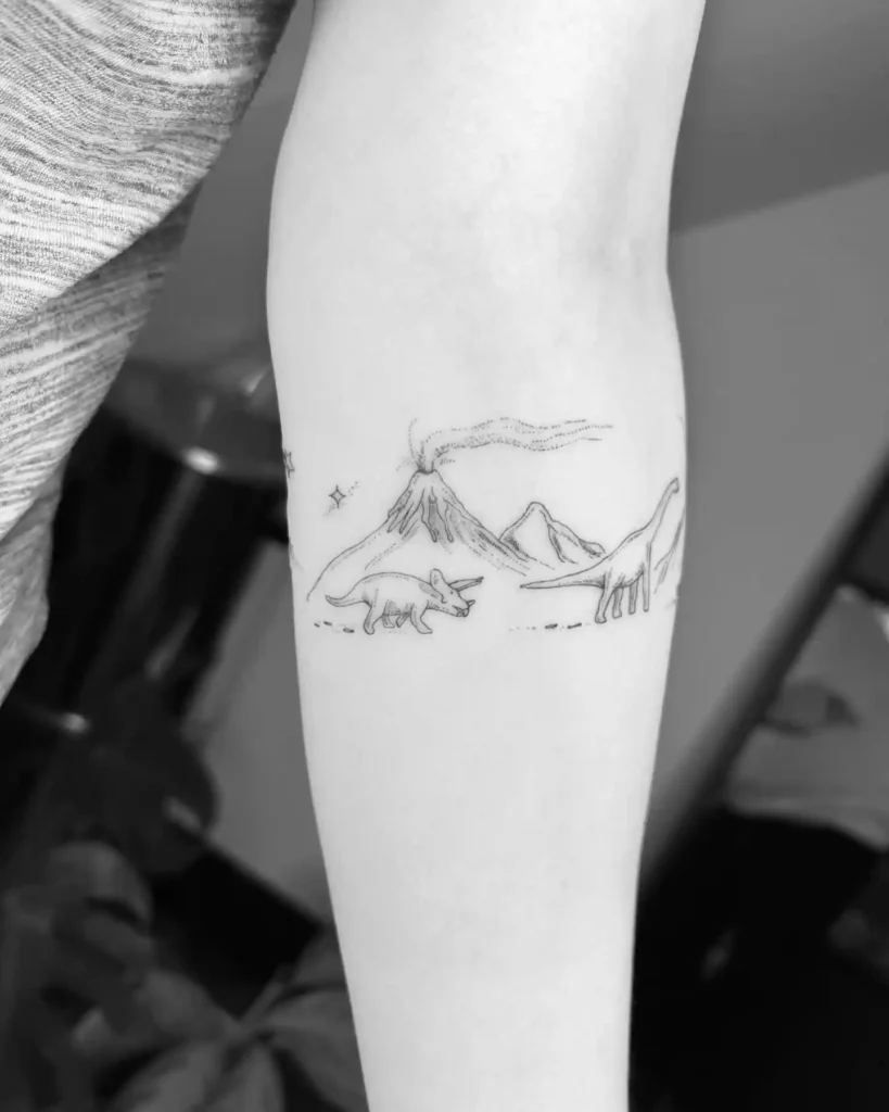 Minimalist Dinosaur Line Art with Volcano Scene