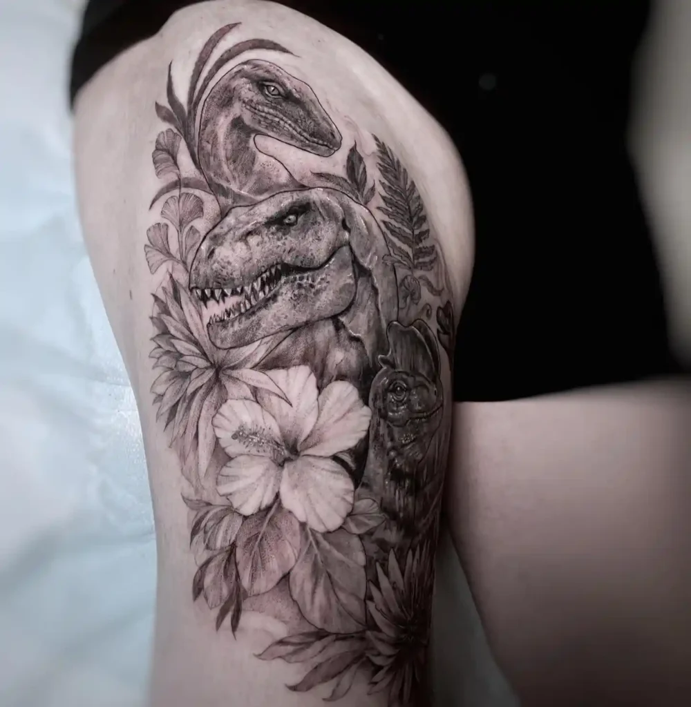 Realistic Dinosaur Jungle Scene Tattoo