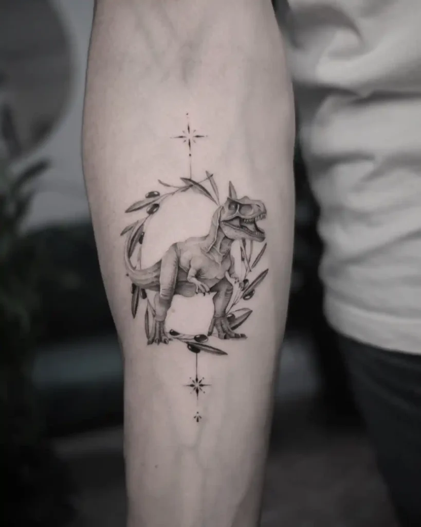 Cartoon Dinosaur with Olive Branch and Stars