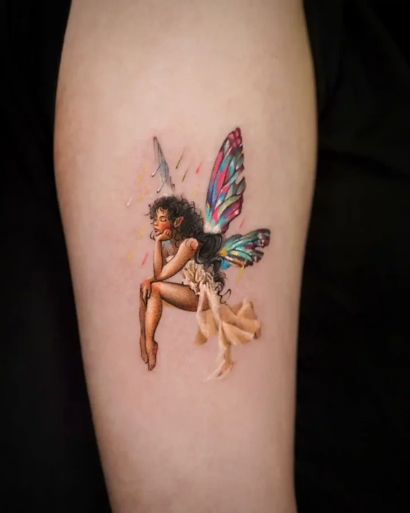 Vibrant Dream Fairy with Rainbow Wings Tattoo