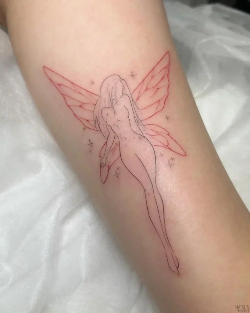 Red-Winged Minimalist Fairy Outline Tattoo