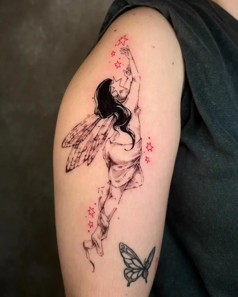 Reaching Fairy with Red Stars Tattoo