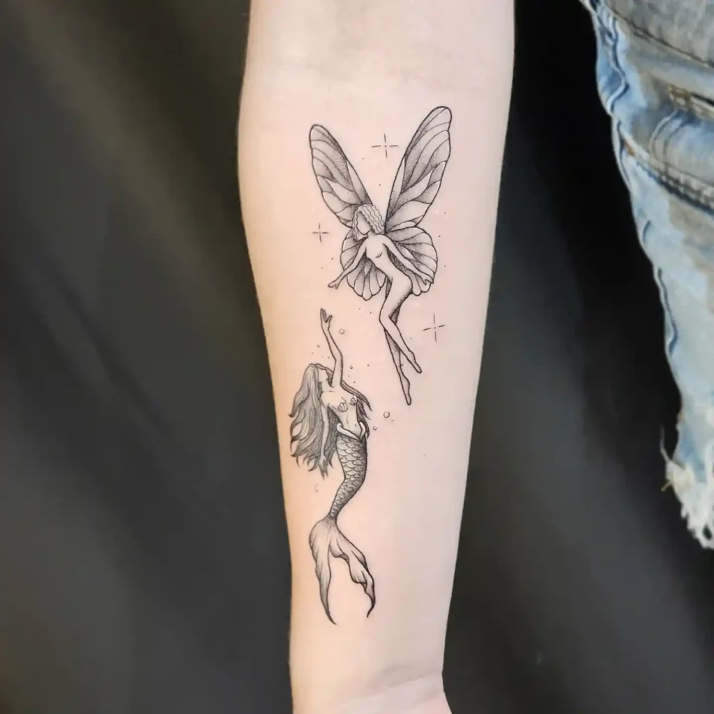 Forearm Fairy and Mermaid Tattoo with Sparkle Accents
