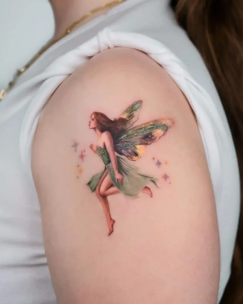 Running Fairy in Green Dress Tattoo on Shoulder