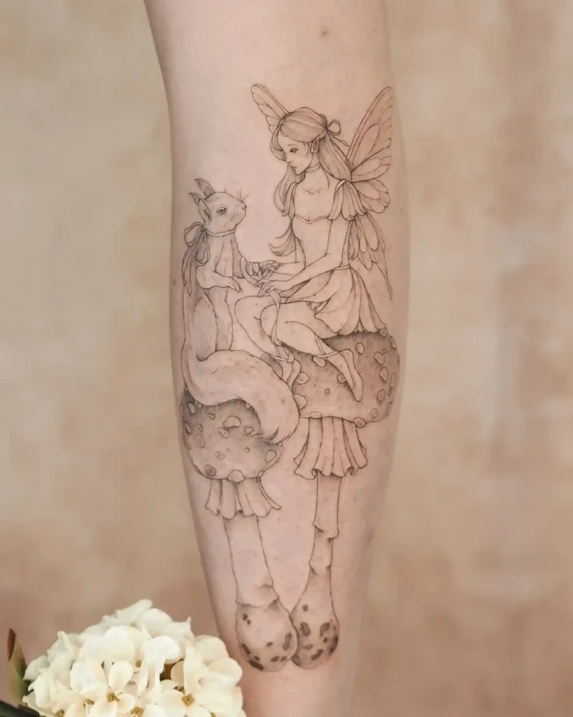 Whimsical Fairy Sitting with Rabbit on Mushroom Tattoo
