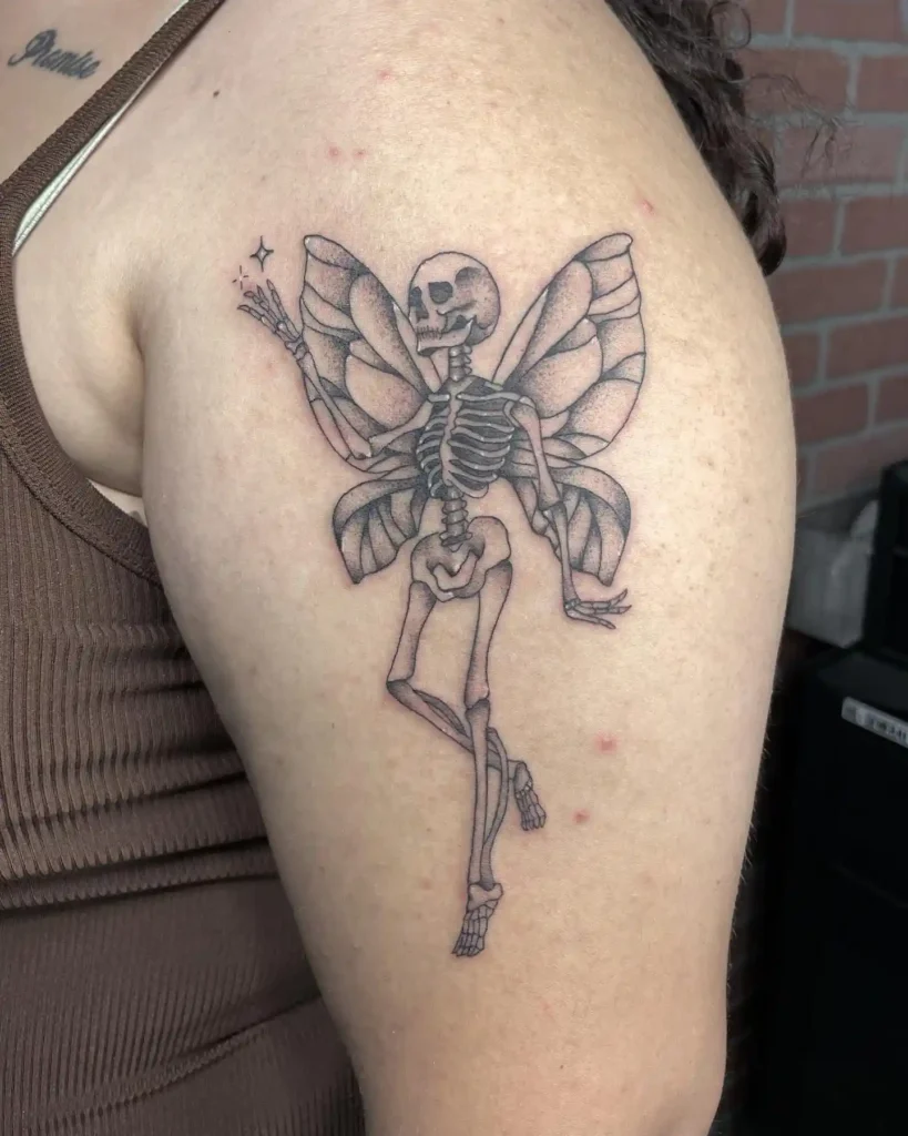 Dancing Skeleton Fairy Tattoo with Star Sparkle