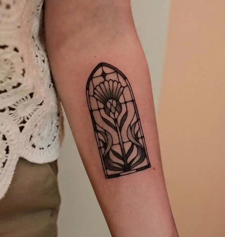 Art Nouveau Floral Stained Glass Tattoo on Inner Forearm