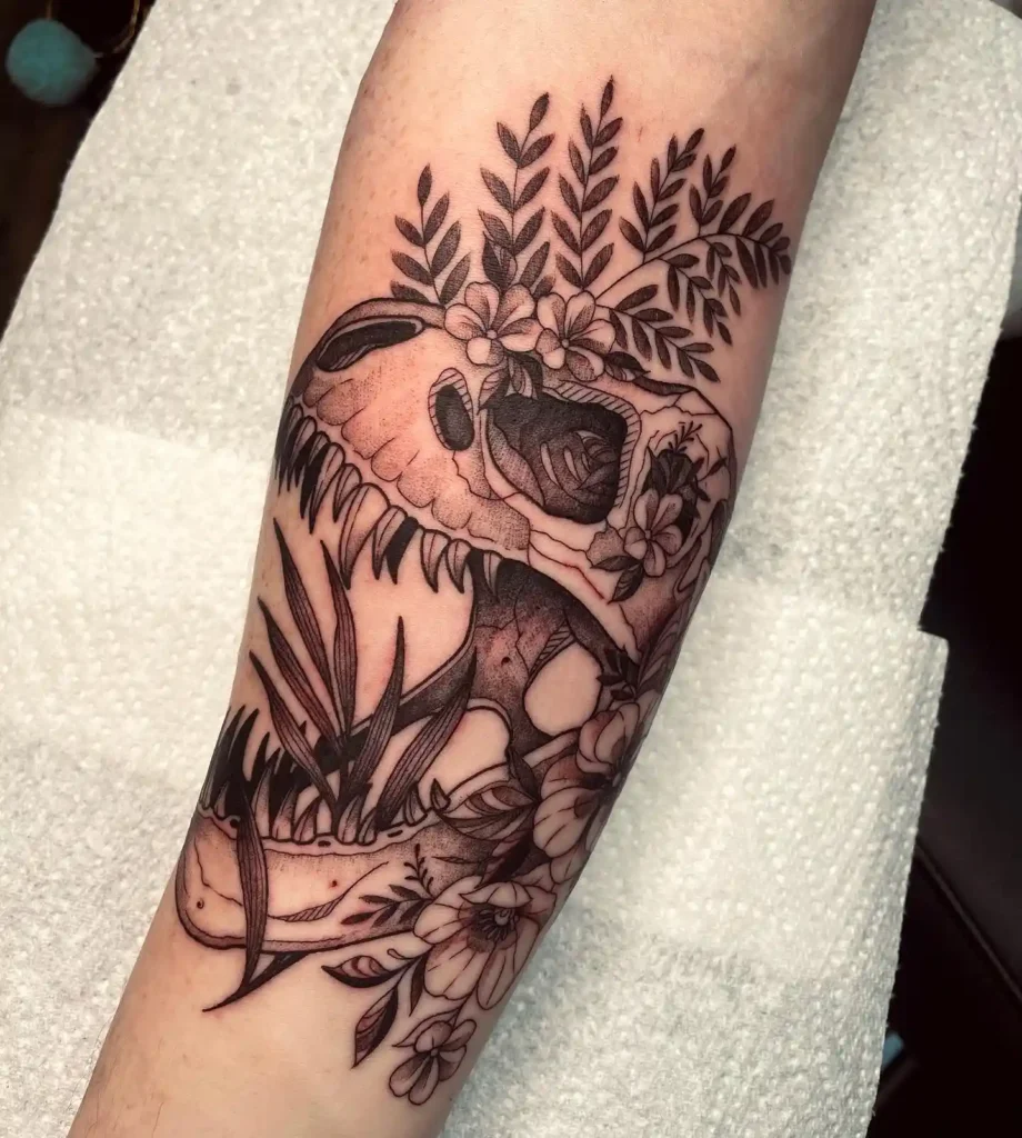 Floral Dinosaur Skull Tattoo