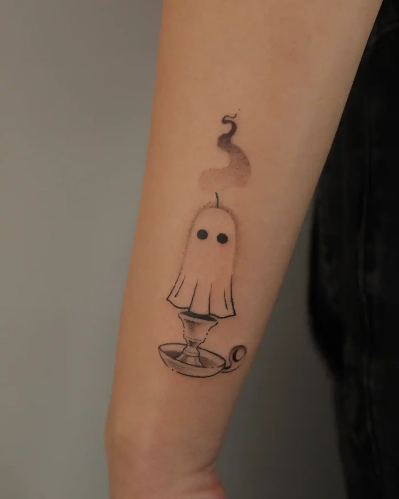 Cute Sheet Ghost Candle Tattoo