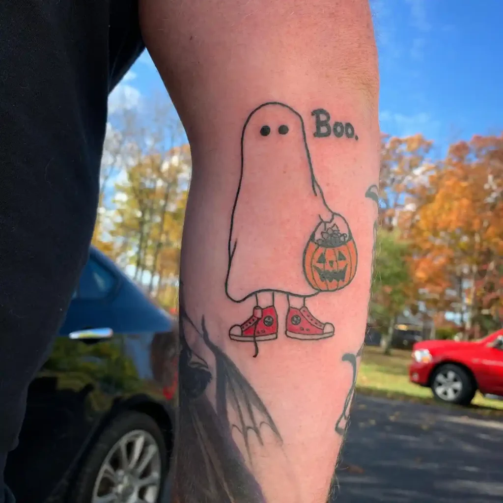 Cute Ghost Saying Boo Halloween Tattoo