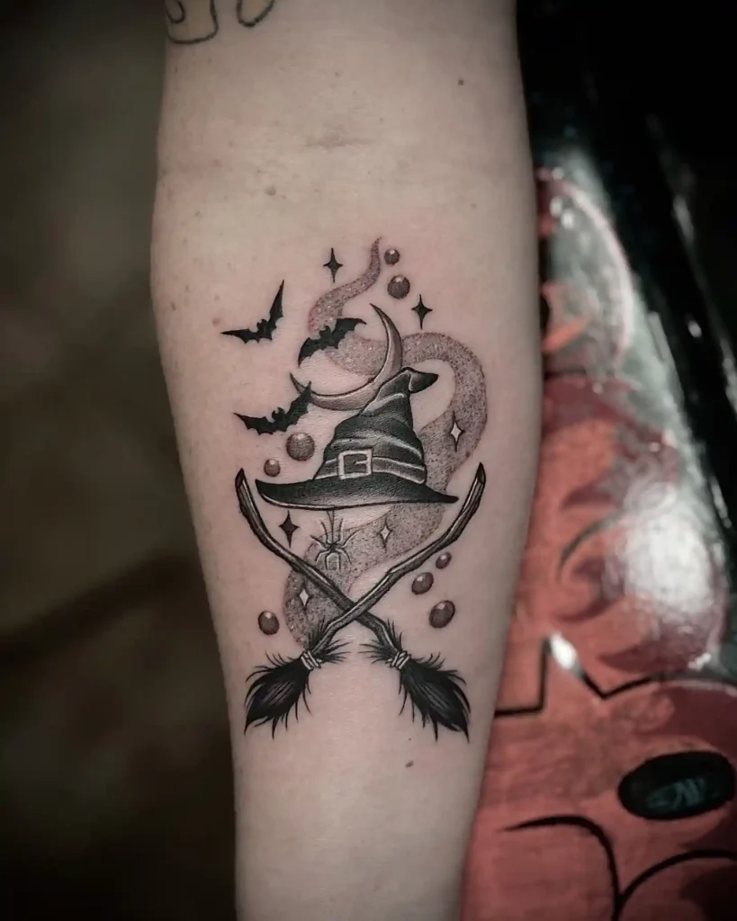 Witch's Hat, Brooms & Bat Halloween Tattoo