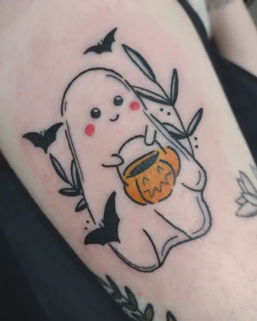 Cute Ghost with Candy Basket Tattoo