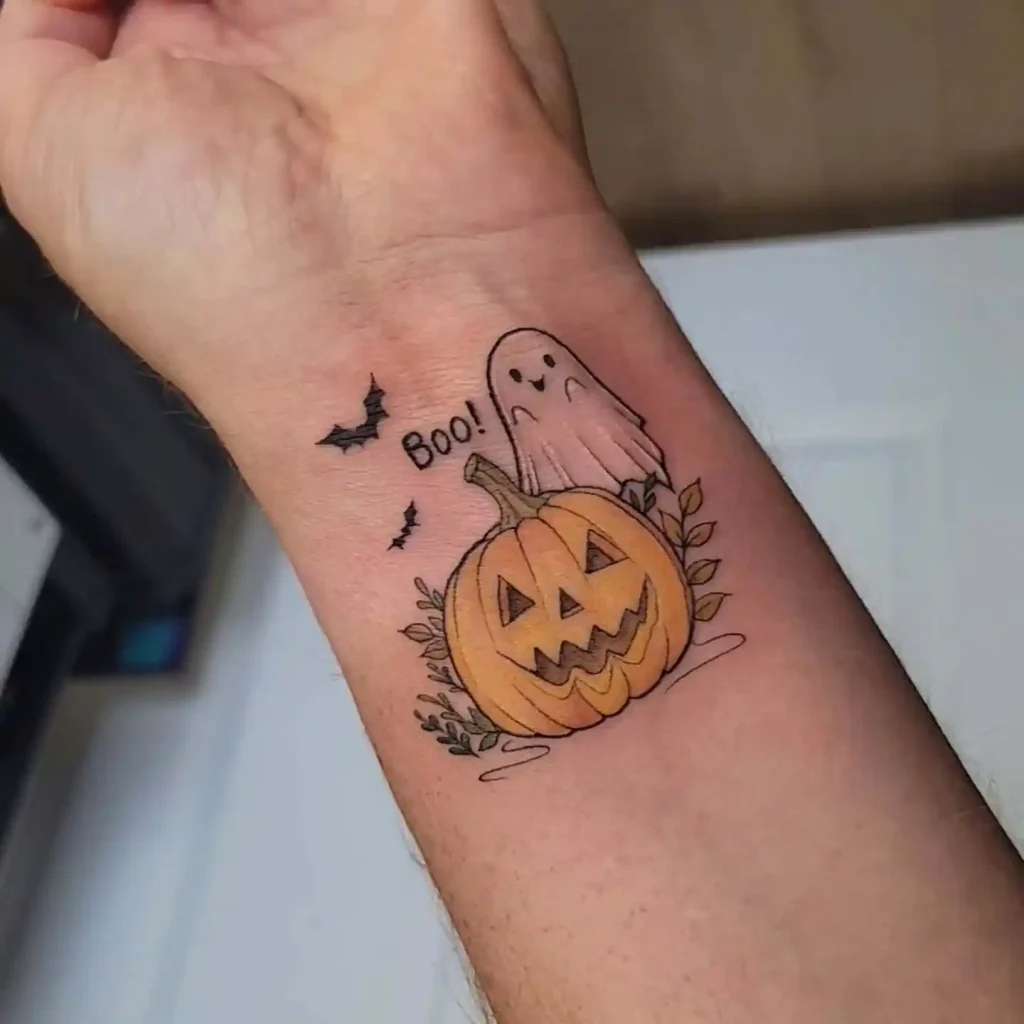 "Boo" Sheet Ghost and Pumpkin Tattoo