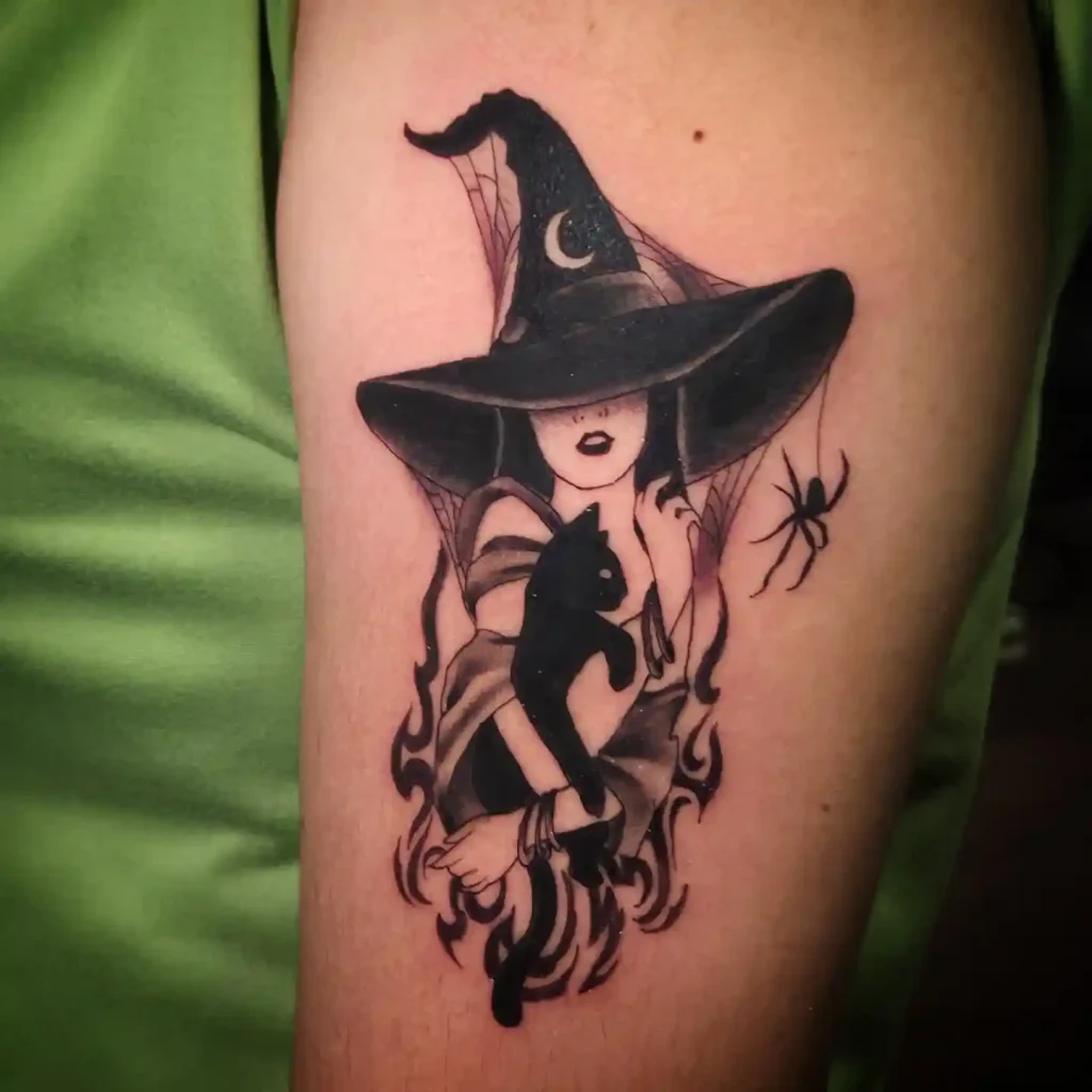 Spooky Witch and Black Cat Tattoo
