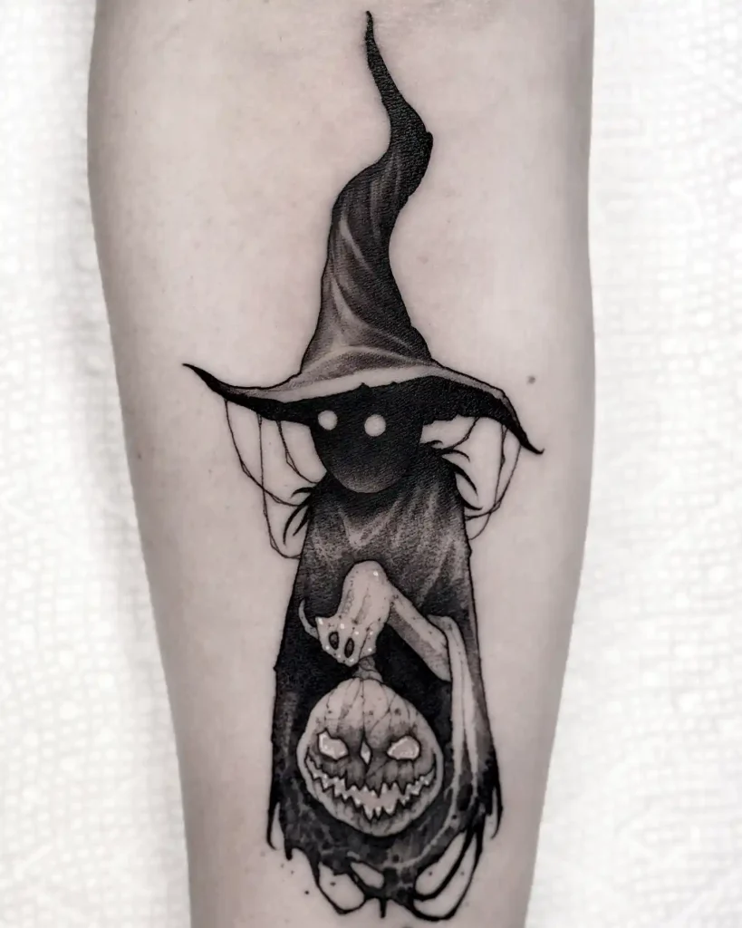 Shadowy Witch with Pumpkin Tattoo