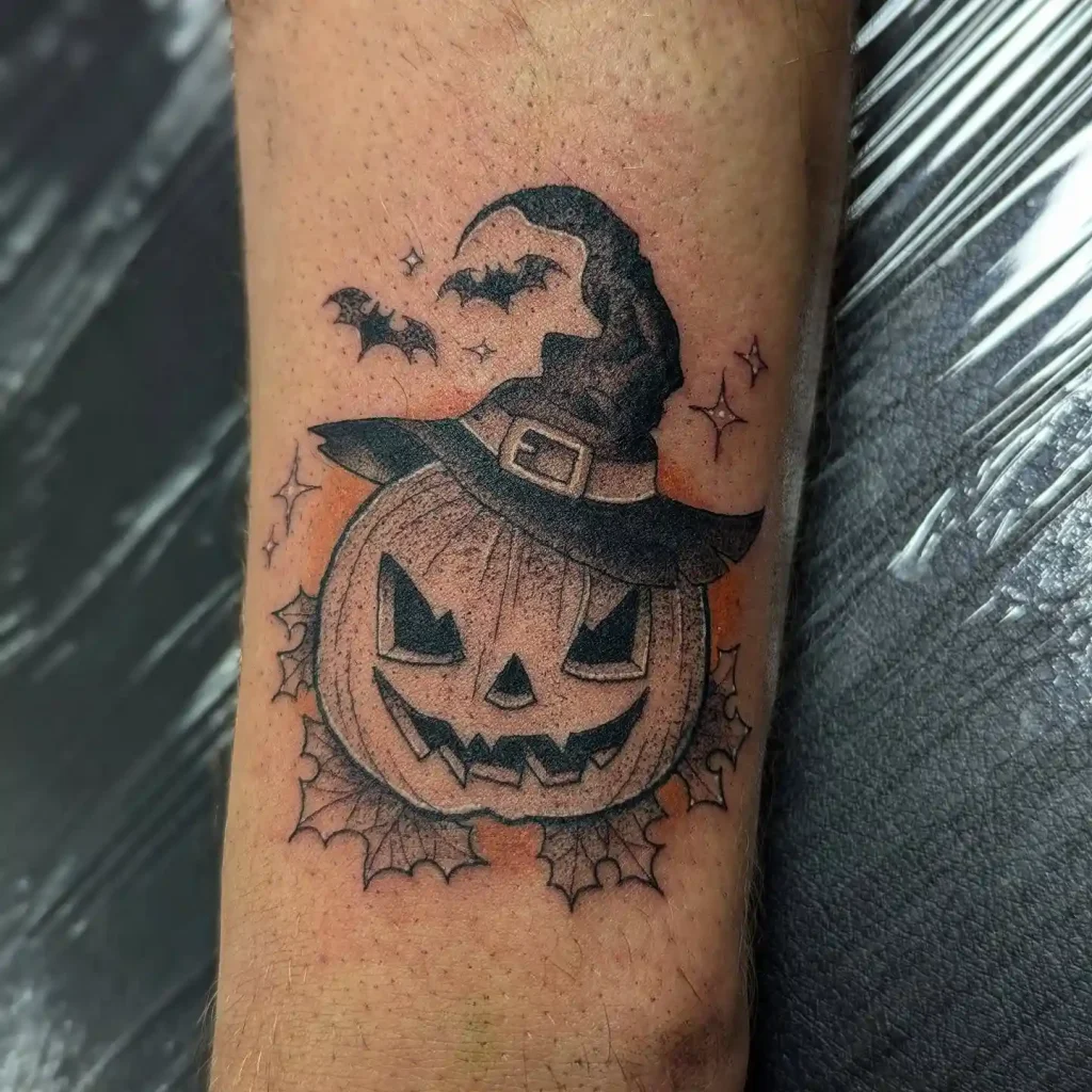 Scary Witch Hat and Pumpkin Tattoo