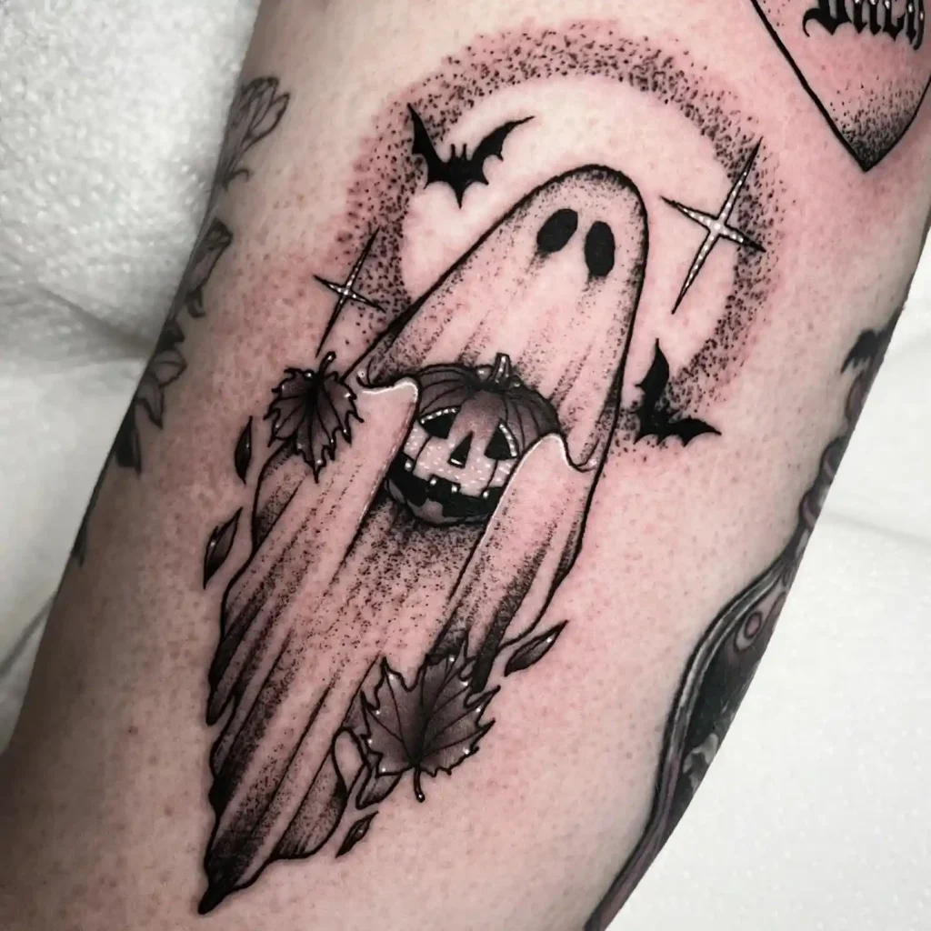 Ghost Holding a Jack-O'-Lantern Halloween Tattoo