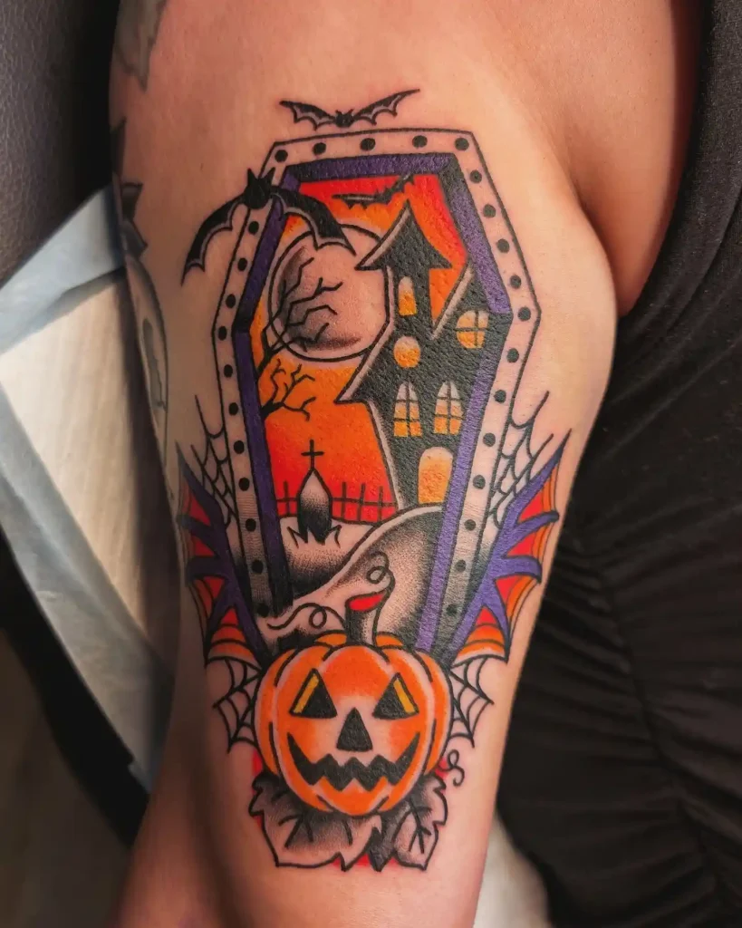 Spooky American Traditional Halloween Tattoo