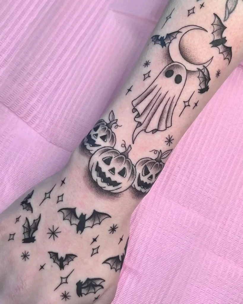 Spooky Halloween Tattoo with Ghost, Bat & Moon