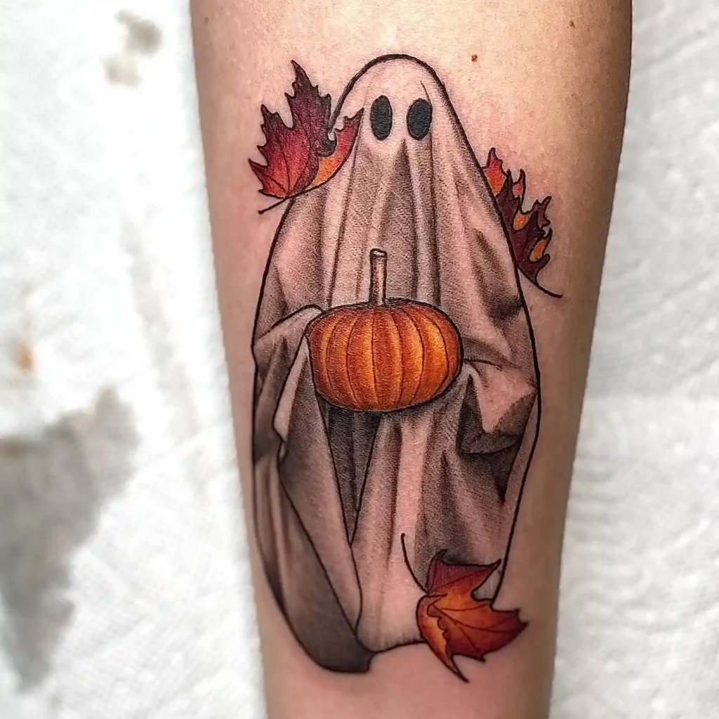 Friendly Ghost with Pumpkin and Autumn Leaves Tattoo