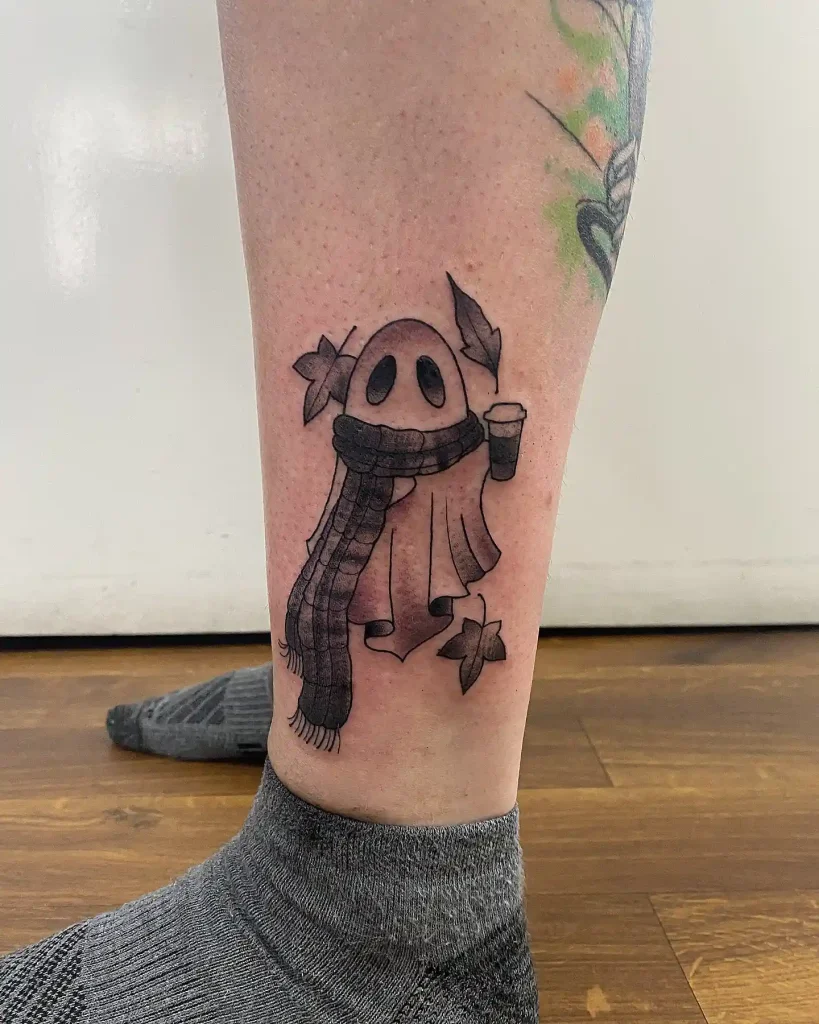 Ghost wearing Scarf and Coffee Tattoo