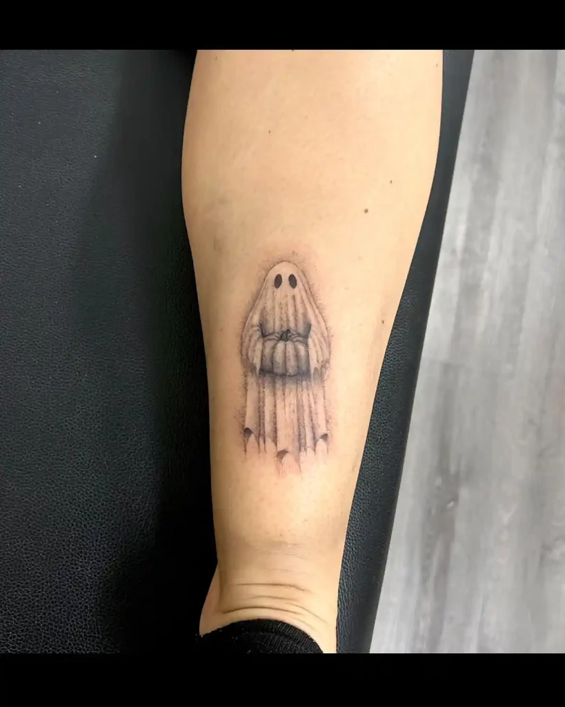 Minimalist Ghost with Pumpkin Tattoo