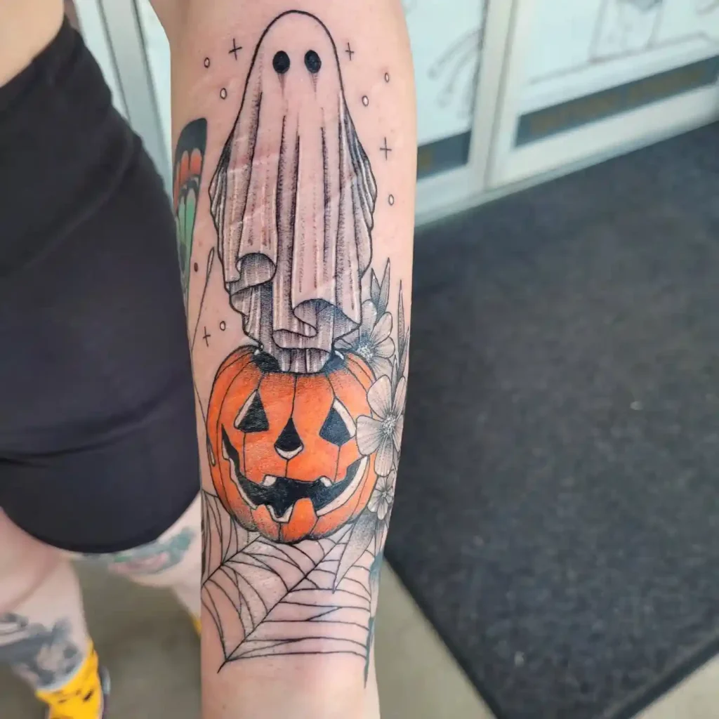 Layered Halloween Tattoo with Sheet Ghost, Pumpkin