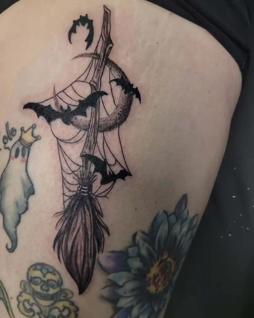 Witchy Broom, Bat and Moon Tattoo