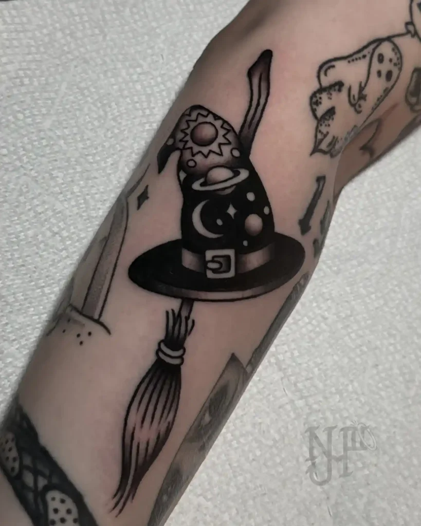 Celestial Witch Hat and Broom Tattoo