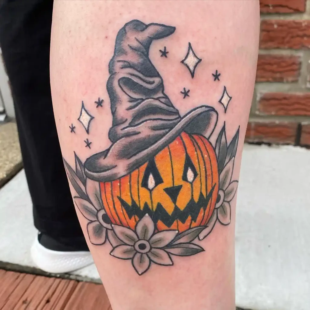 Traditional Witchy Pumpkin Halloween Tattoo
