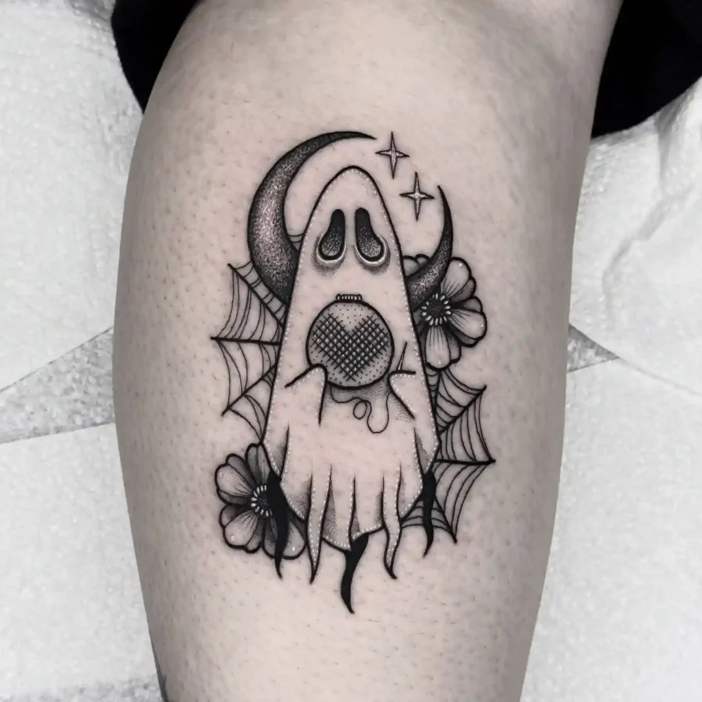 Spooky Ghost with Moon and Flowers Halloween Tattoo