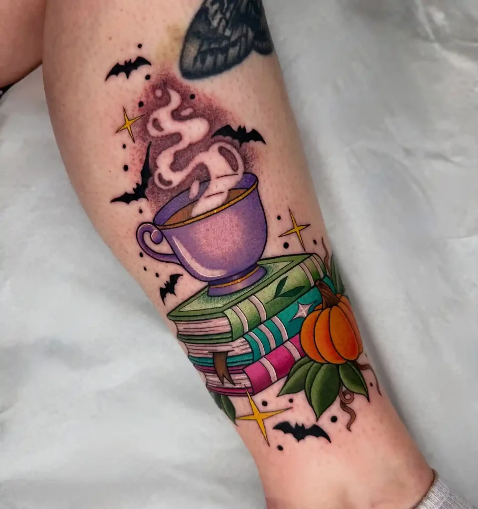 Stack of Magical Books, Cup & Bats Tattoo