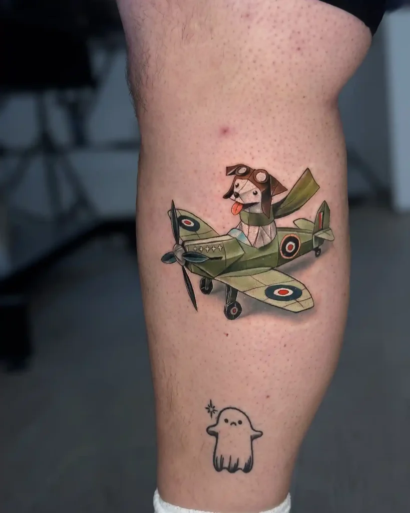 Origami Pilot Dog & Biplane Tattoo on Calf