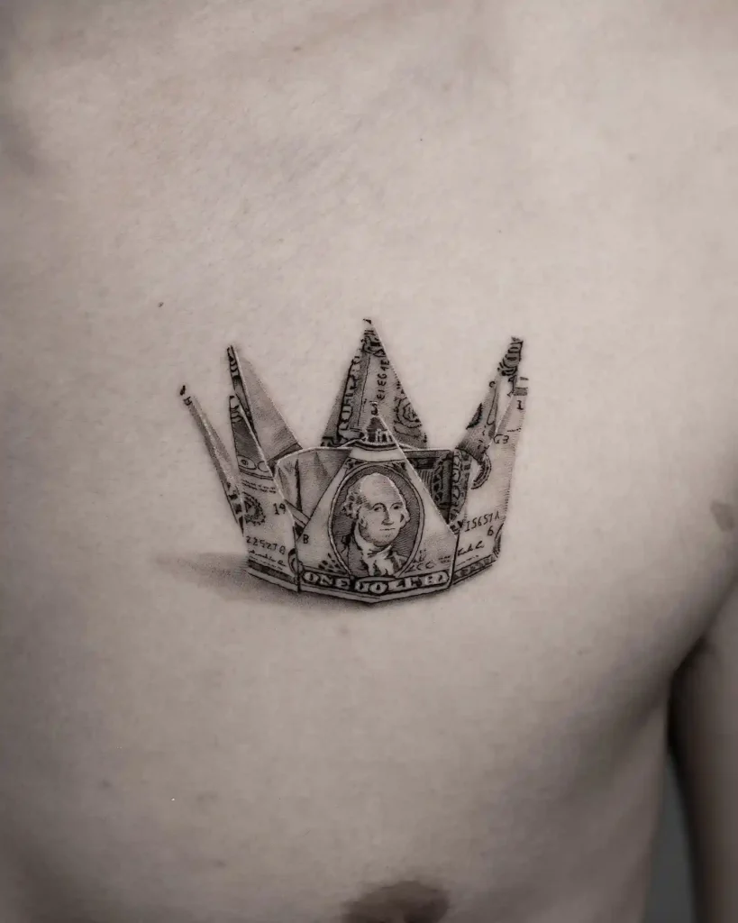 Money Origami Crown Tattoo on Chest