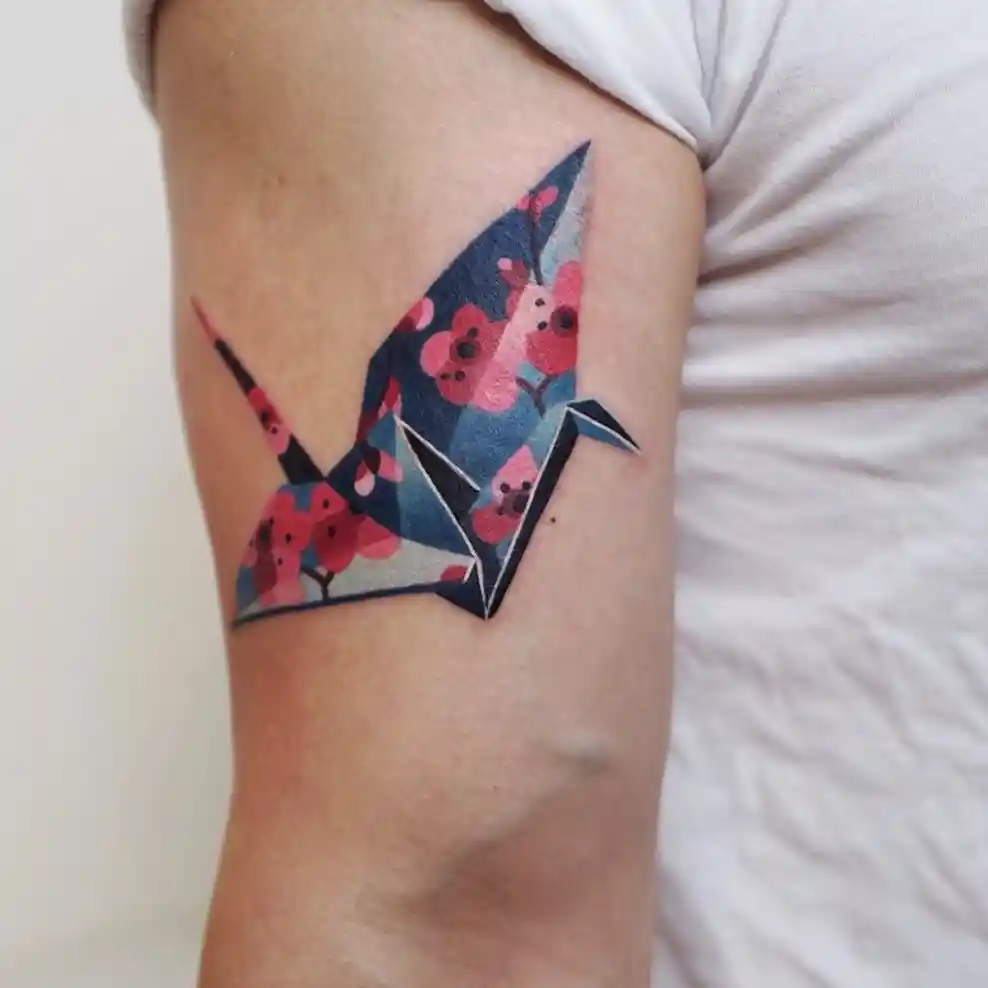 Cherry Blossom Origami Crane Tattoo on Upper Arm
