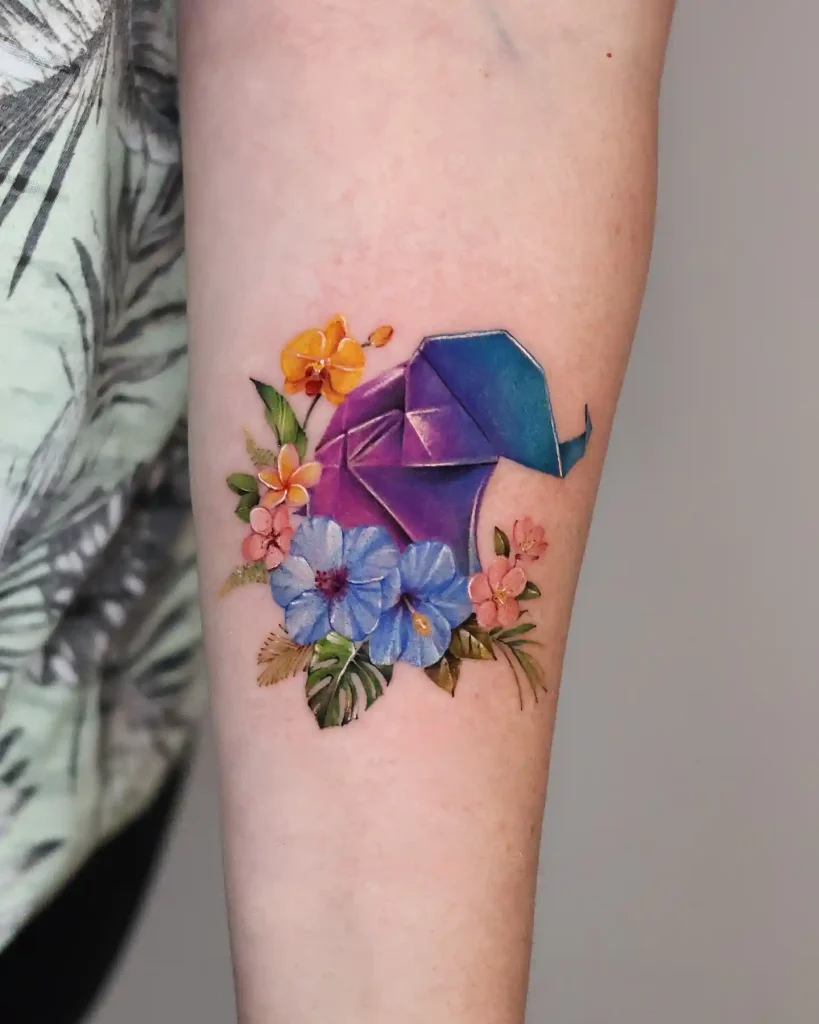 Floral Origami Elephant Tattoo on Forearm