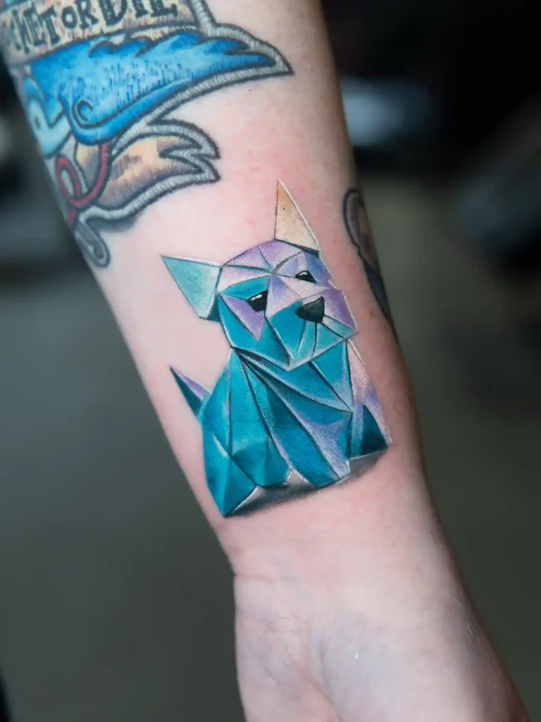 Crystalline Origami Dog Tattoo on Forearm