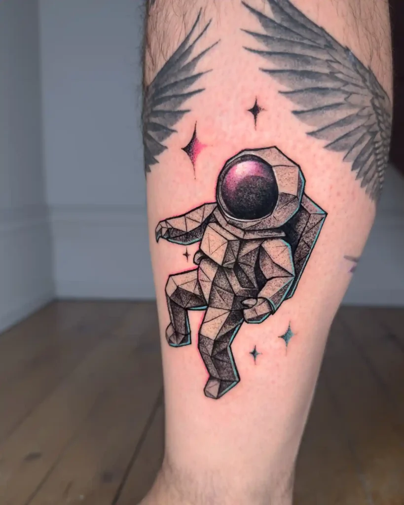Geometric Astronaut Origami Tattoo on Calf