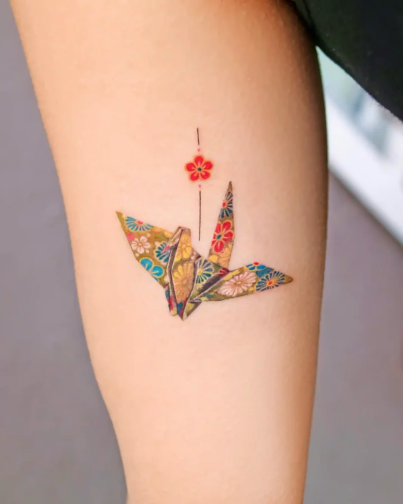 Colorful Origami Chiyogami Crane on Inner Arm